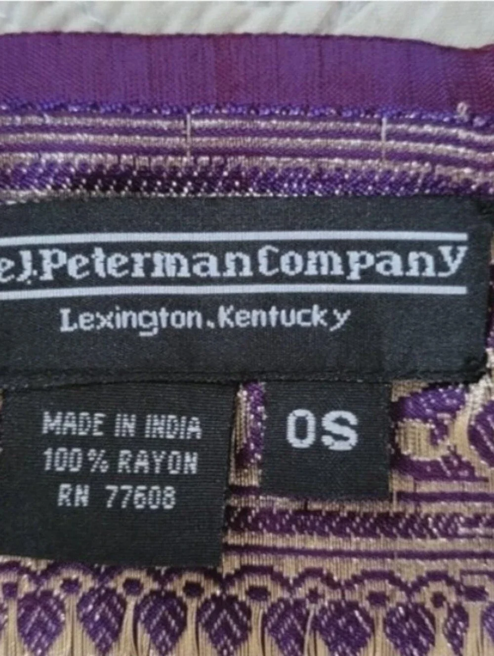New J.Peterman shawl wrap purple mauve gold-tone shimmer rayon fringes $250